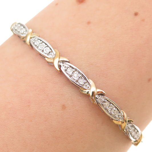 925 Sterling Silver 2-Tone Real Diamond X-Shape Adjustable Bolo Bracelet 6-9"