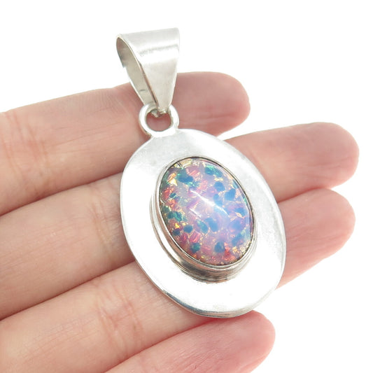 925 Sterling Silver Vintage Mexico Roman Glass Oval Pendant