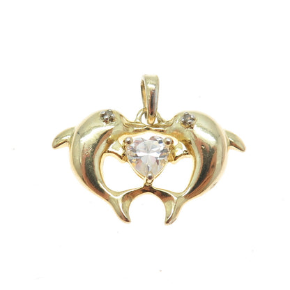 ROSS SIMONS 925 Sterling Gold Plated Diamond & C Z Couple of Dolphins Pendant