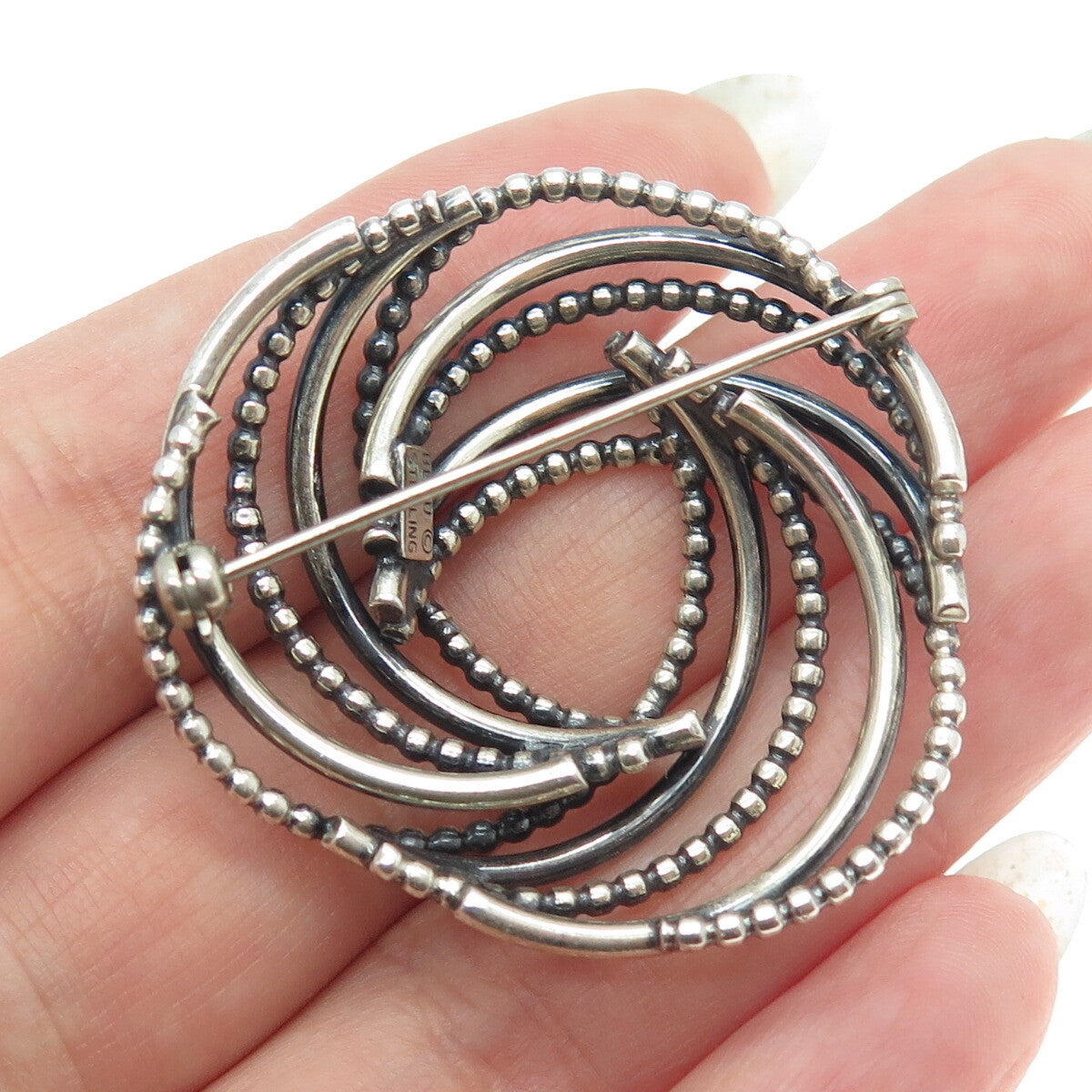 BEAU 925 Sterling Silver Antique Art Deco Beaded Tornado Interlocked Pin Brooch