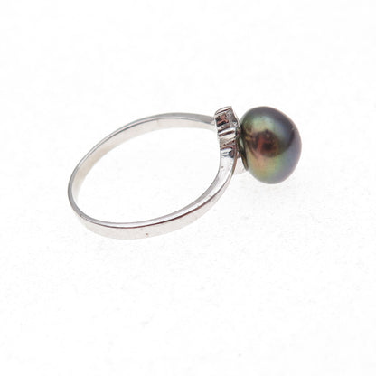 925 Sterling Silver Real Tahitian Pearl & C Z Ring Size 5.75