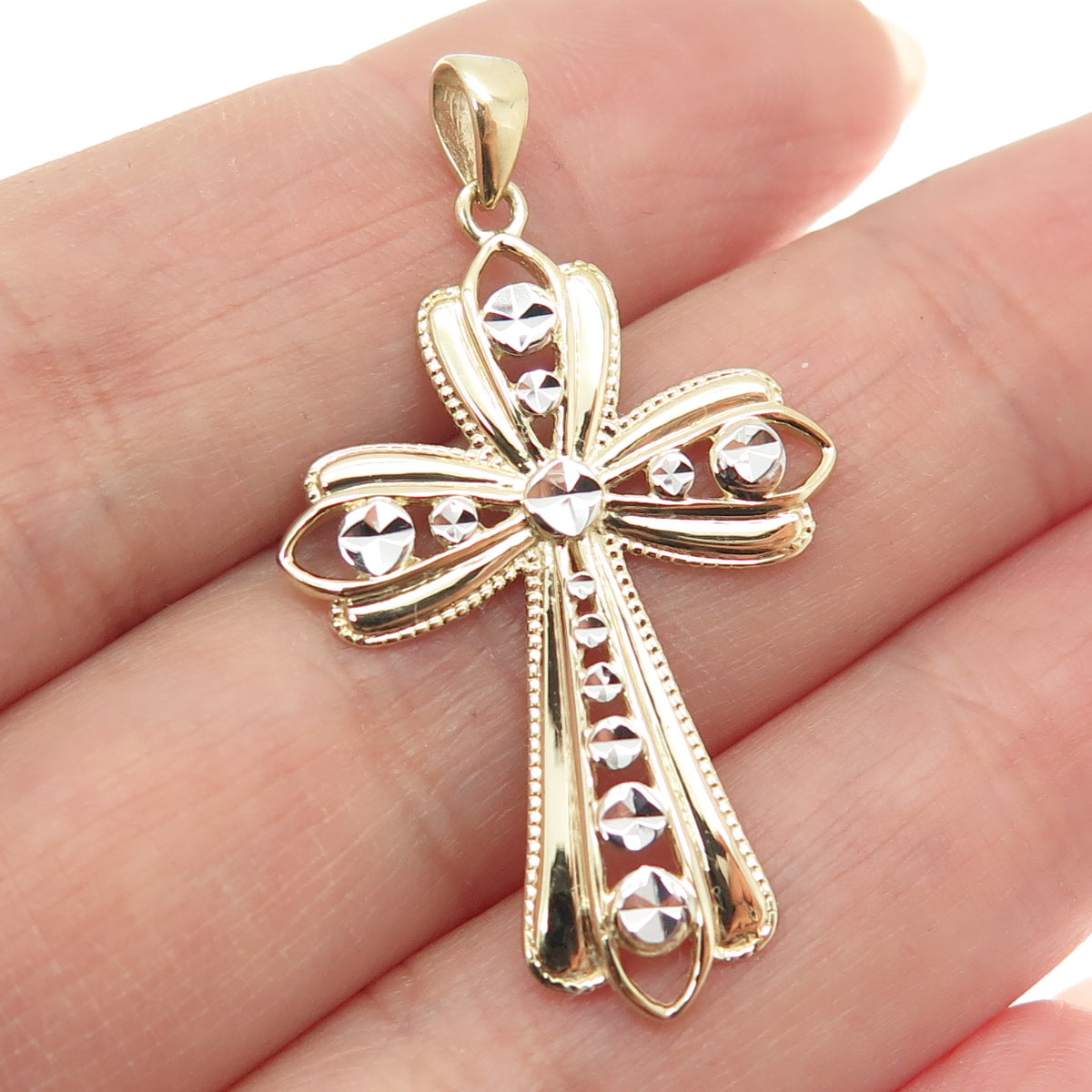 14K Yellow & White Gold Diamond-Cut Floral Cross Religious Charm Pendant