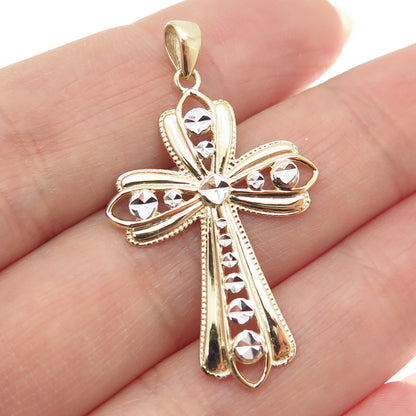 14K Yellow & White Gold Diamond-Cut Floral Cross Religious Charm Pendant