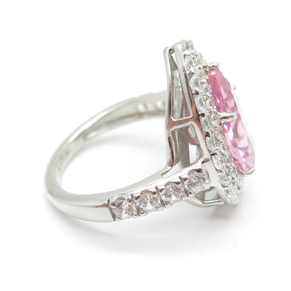 925 Sterling Silver Pear & Round-Cut Pink White C Z Promise Ring Size 7.75