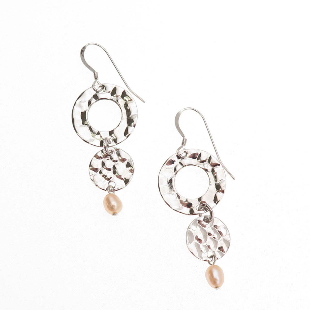 925 Sterling Silver Vintage Real Pearl Modernist Hammered Dangle Earrings