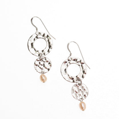 925 Sterling Silver Vintage Real Pearl Modernist Hammered Dangle Earrings