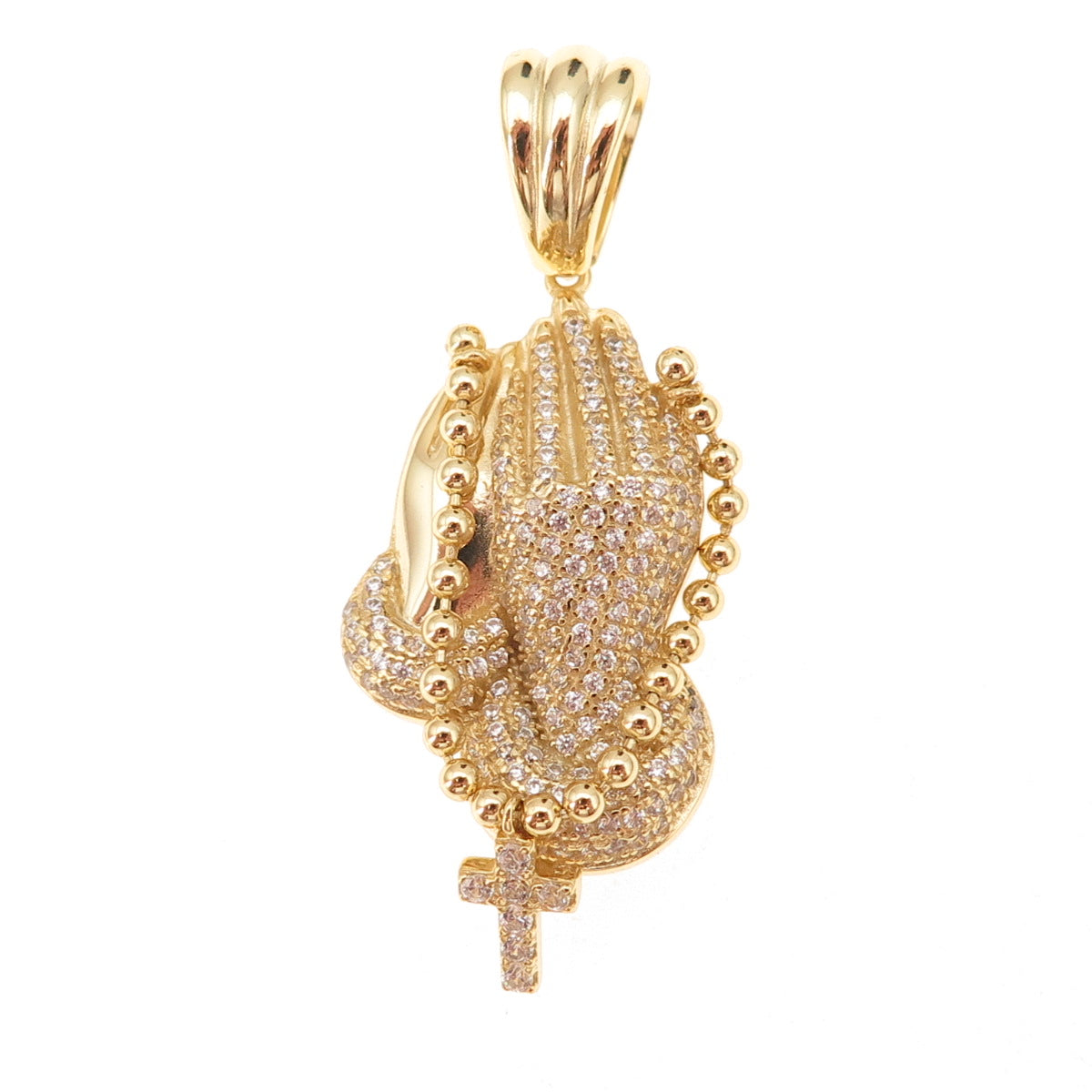925 Sterling Silver Gold Plated Round-Cut C Z Prayer Hands Rosary Chain Pendant