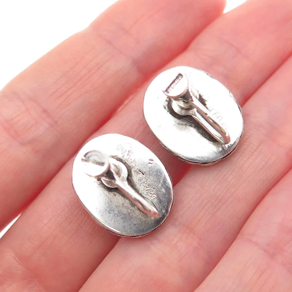 925 Sterling Silver Vintage Real Tiger Eye Oxidized Screw Back Earrings