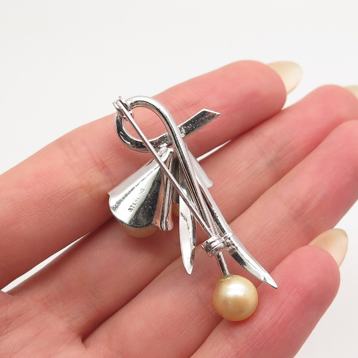 925 Sterling Silver Antique Faux Pearl Floral Pin Brooch