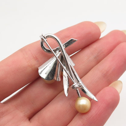 925 Sterling Silver Antique Faux Pearl Floral Pin Brooch