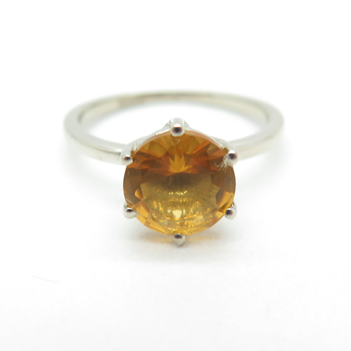 DAZZLERS 925 Sterling Silver Real Round-Cut Citrine Ring Size 6