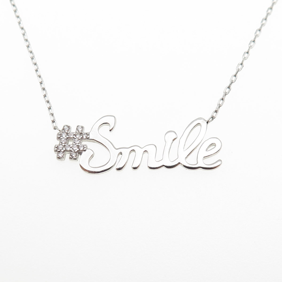 925 Sterling Silver Round-Cut C Z #Smile Cable Chain Necklace 16-18"