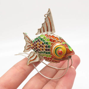 925 Sterling Silver Enamel Antique Articulated Chinese Koi Fish Chatelaine Fob
