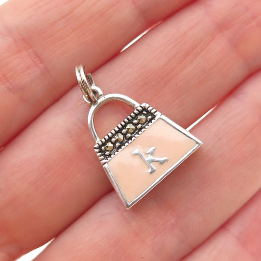 925 Sterling Vintage Enamel Real Marcasite Letter K Ladies Purse Mini Pendant