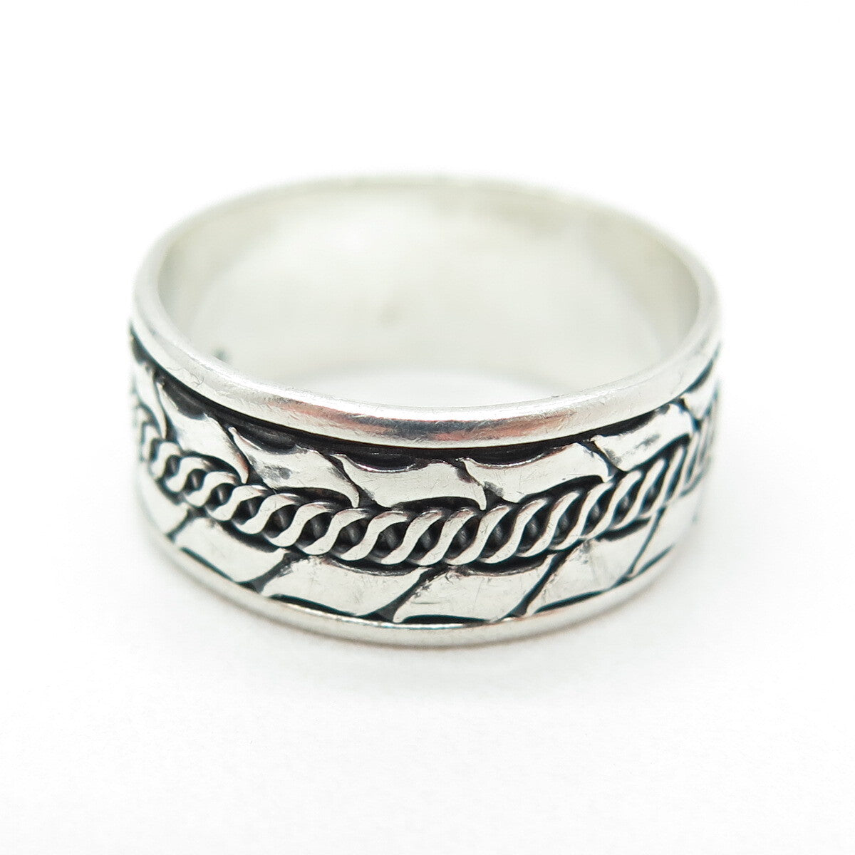 925 Sterling Silver Vintage Modernist Link Band Oxidized Ring Size 7.5