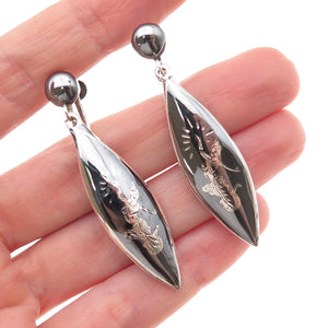 925 Sterling Silver Antique Art Deco Niello Hindu Goddess Screw Back Earrings