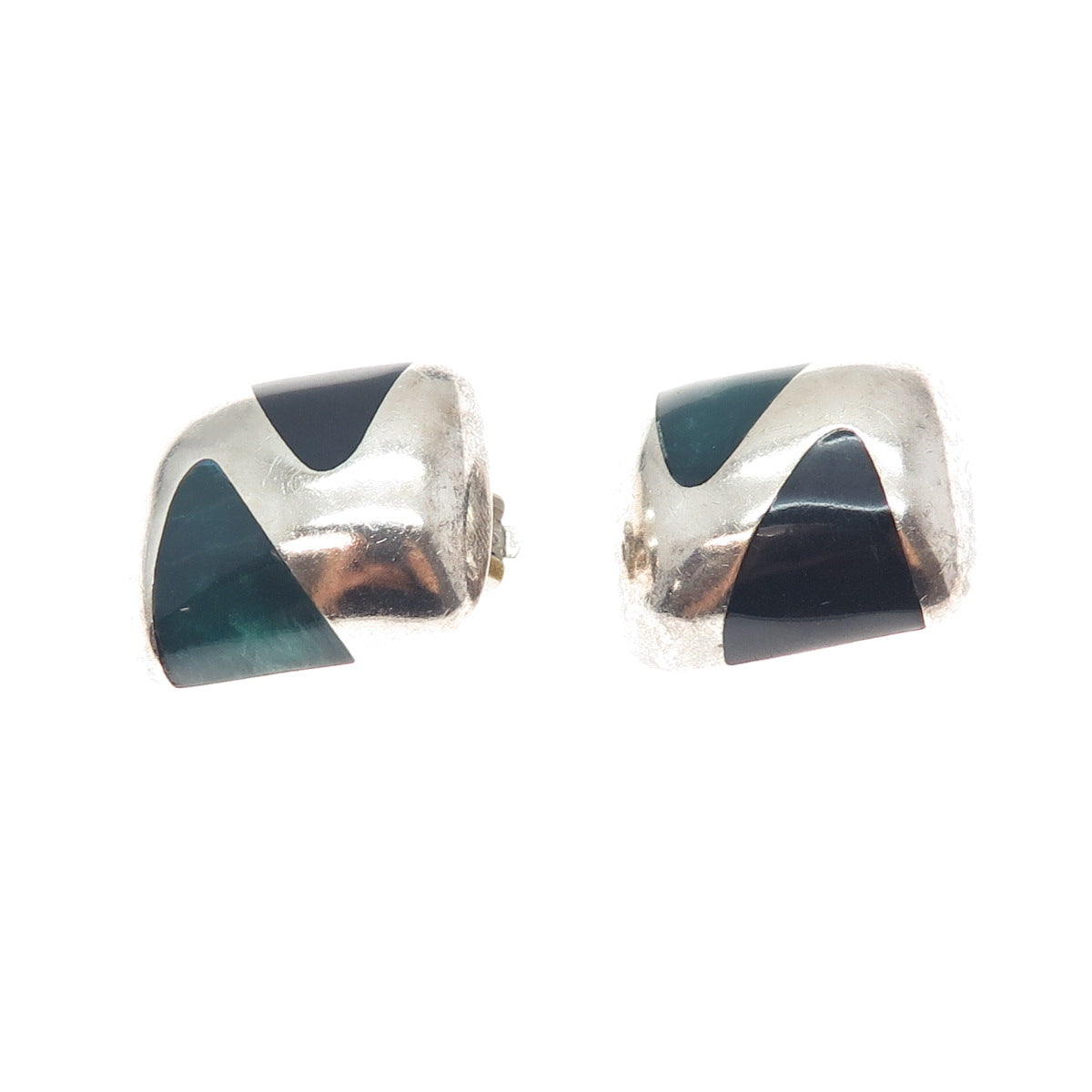 925 Sterling Silver Vintage Mexico Green & Black Onyx Modernist Clip On Earrings