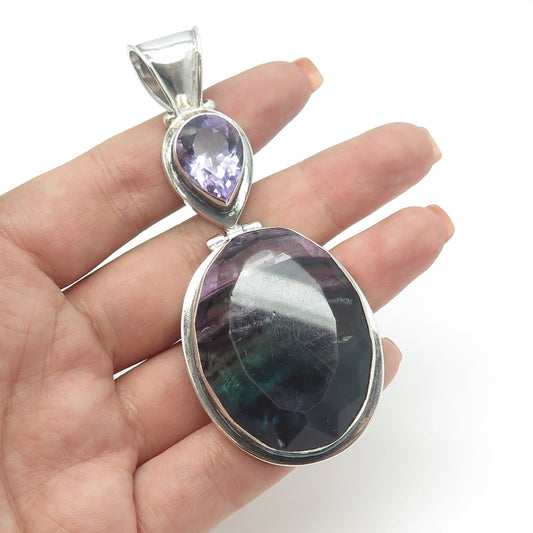 925 Sterling Silver Vintage Pear-Cut Amethyst & Oval-Cut Fluorite Large Pendant