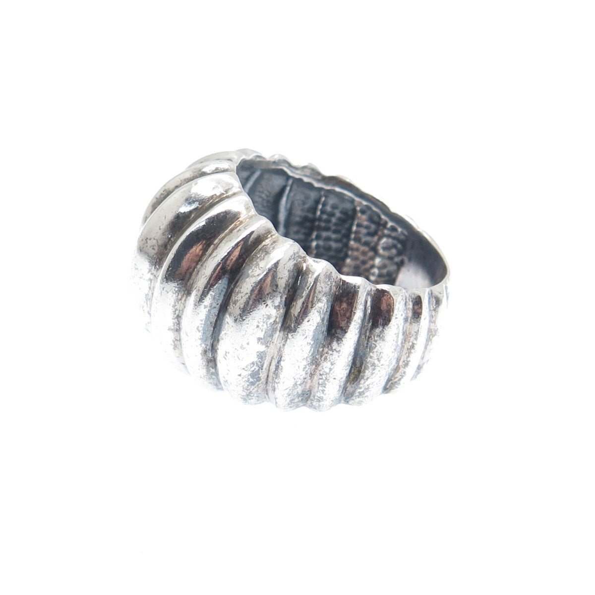 925 Sterling Silver Vintage Modernist Ribbed Dome Oxidized Ring Size 7