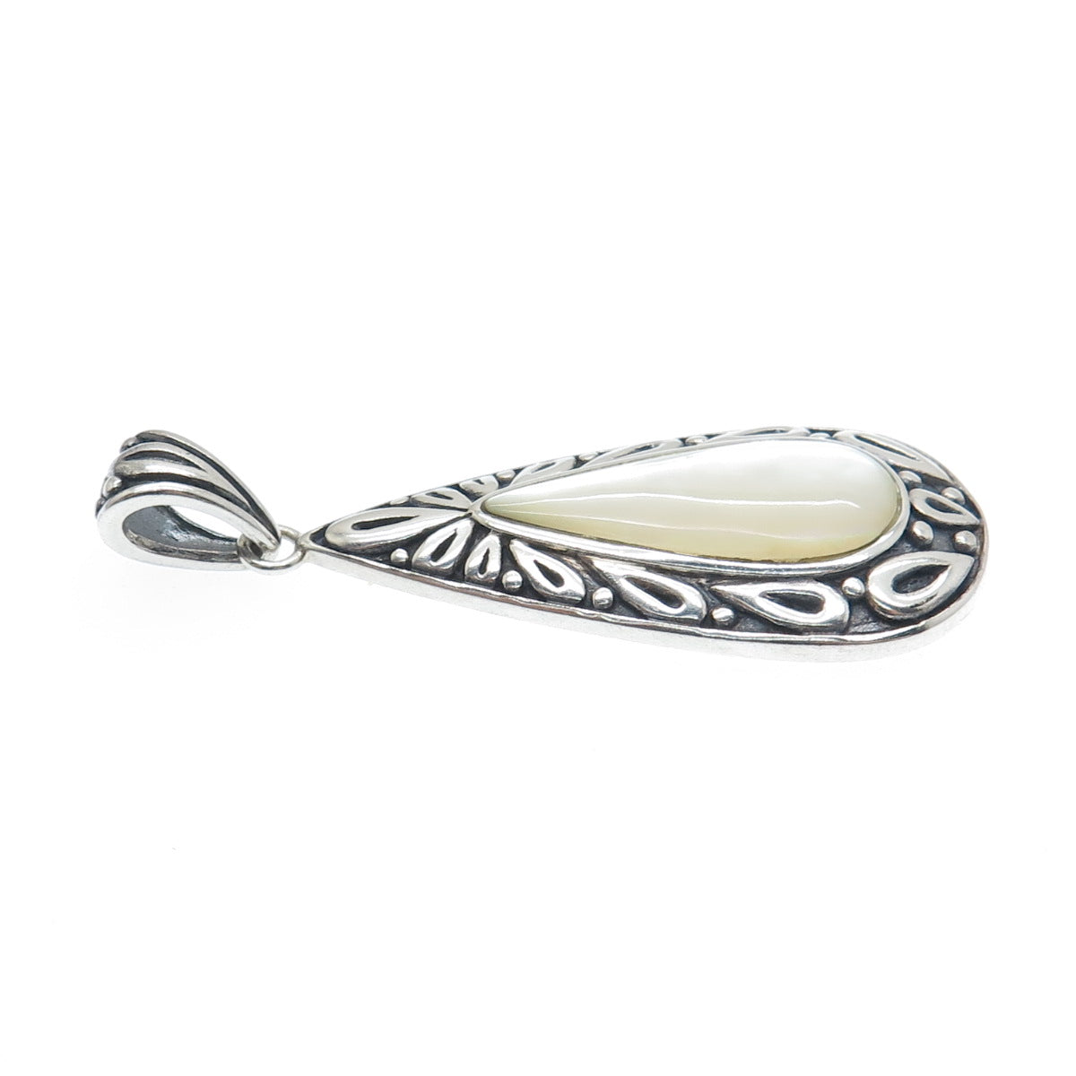 925 Sterling Silver Vintage Real MOP Ornate Teardrop Oxidized Pendant