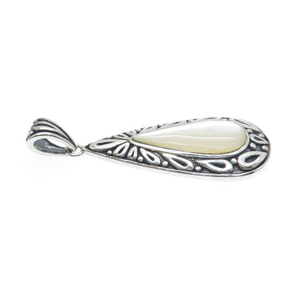925 Sterling Silver Vintage Real MOP Ornate Teardrop Oxidized Pendant