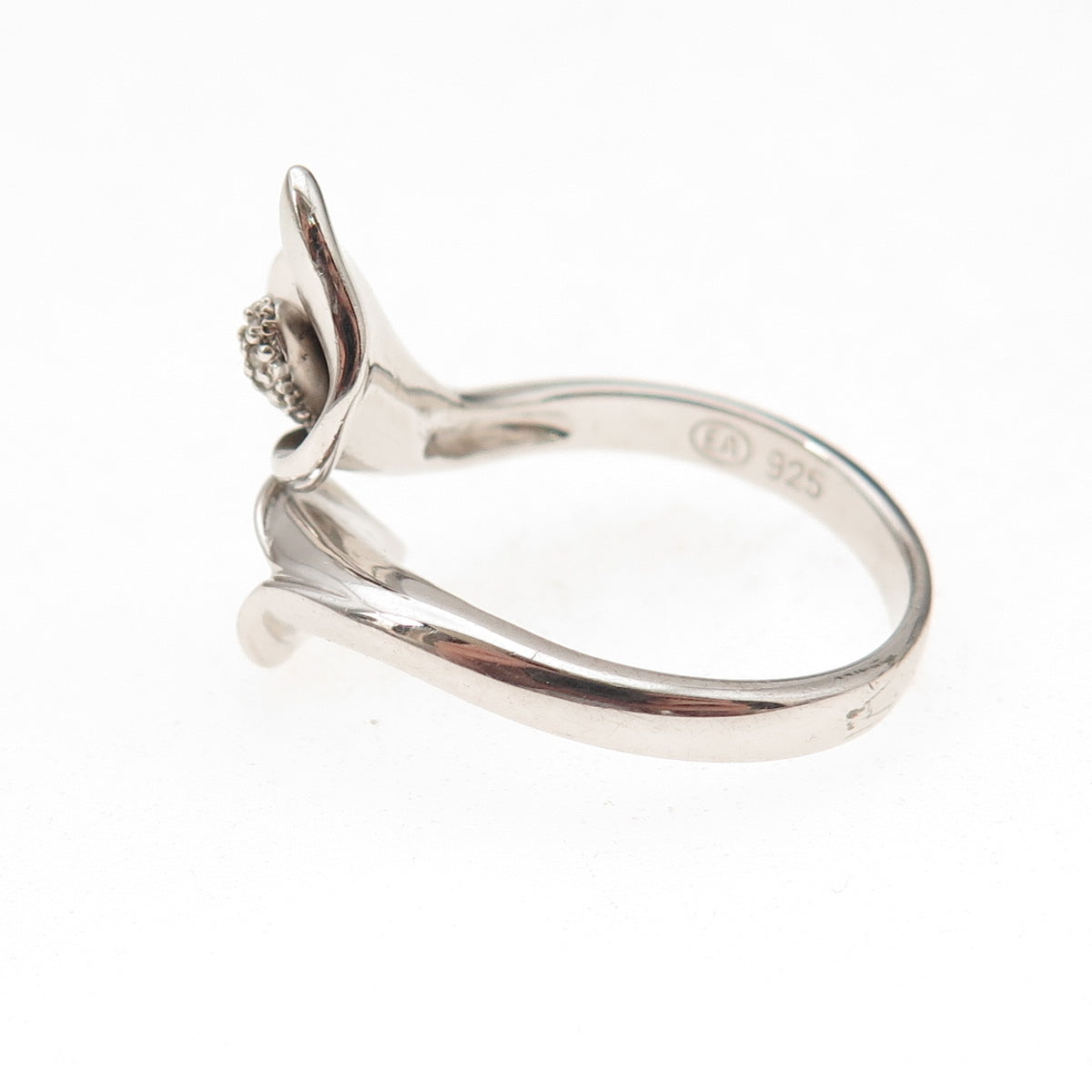 925 Sterling Silver Real Diamond Calla Lily Adjustable Ring Size 8.25