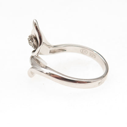 925 Sterling Silver Real Diamond Calla Lily Adjustable Ring Size 8.25