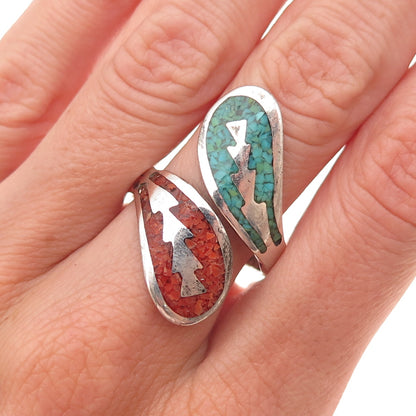 Joe Tom Navajo Old Pawn Sterling Turquoise & Coral Inlay Adjustable Ring Size 10