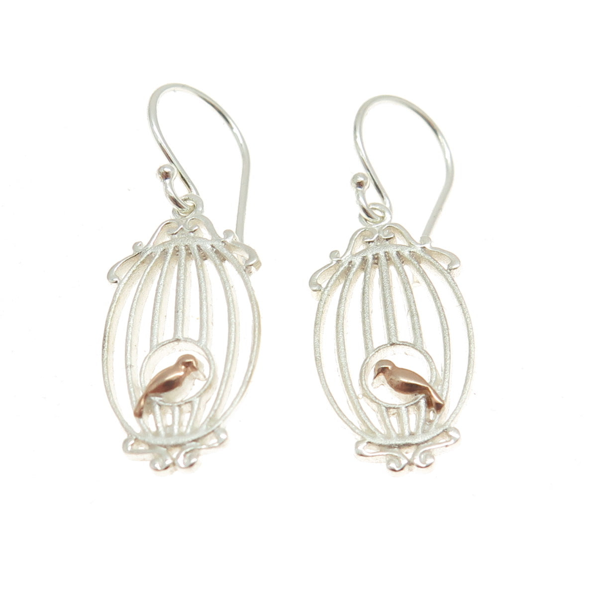 925 Sterling Silver 2-Tone Bird Cage Dangling Earrings