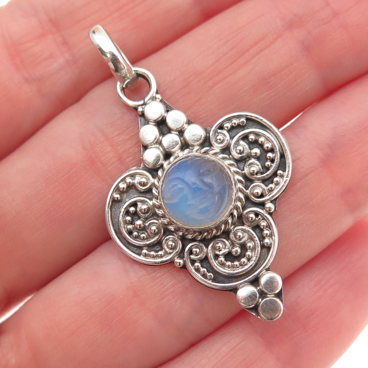 925 Sterling Silver Vintage Real Moonstone Moon Goddess Granulated Charm Pendant