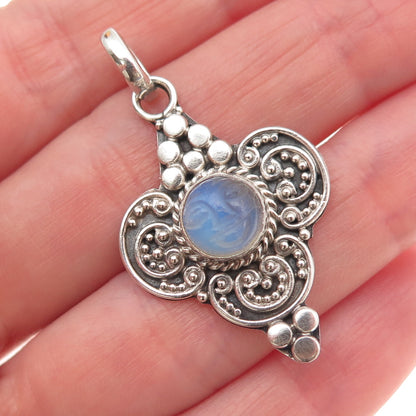 925 Sterling Silver Vintage Real Moonstone Moon Goddess Granulated Charm Pendant