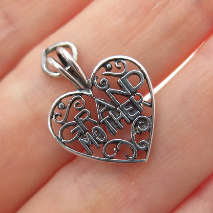 925 Sterling Silver Vintage Grandmother Heart Oxidized Minimalist Charm Pendant