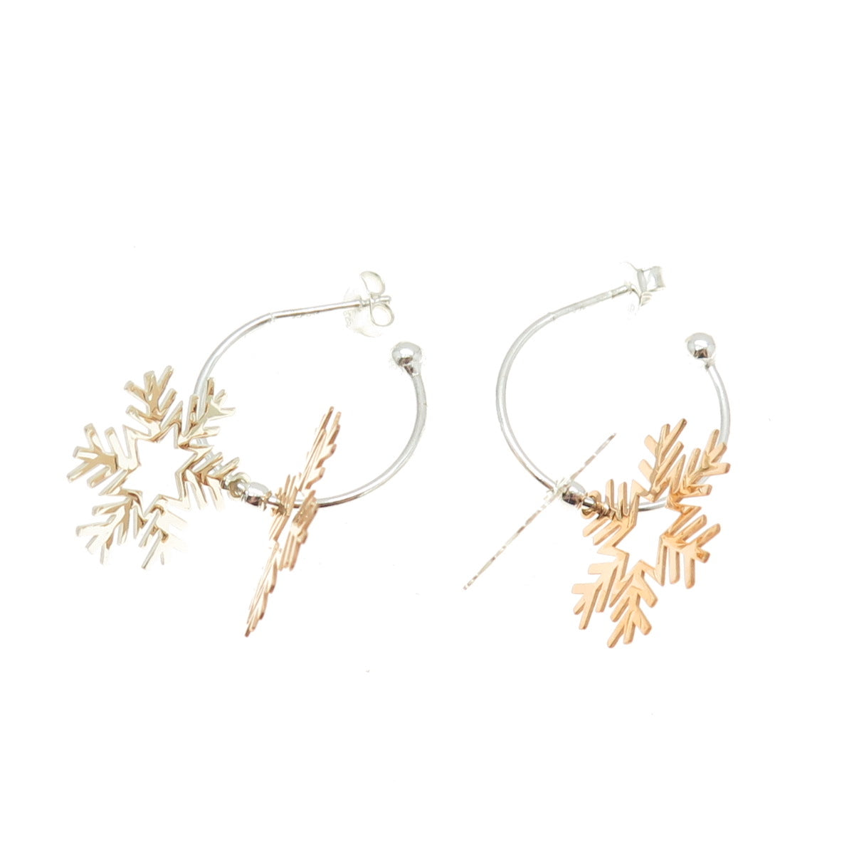 925 Sterling Silver 2-Tone Snowflake Charm Hoop Earrings