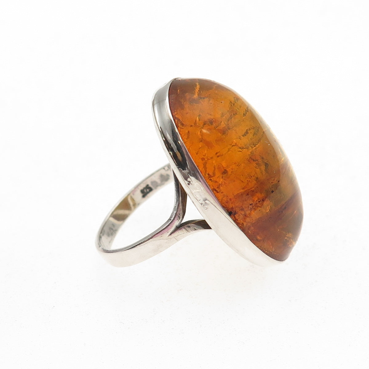 925 Sterling Silver Vintage Real Cabochon Amber Modernist Ring Size 7