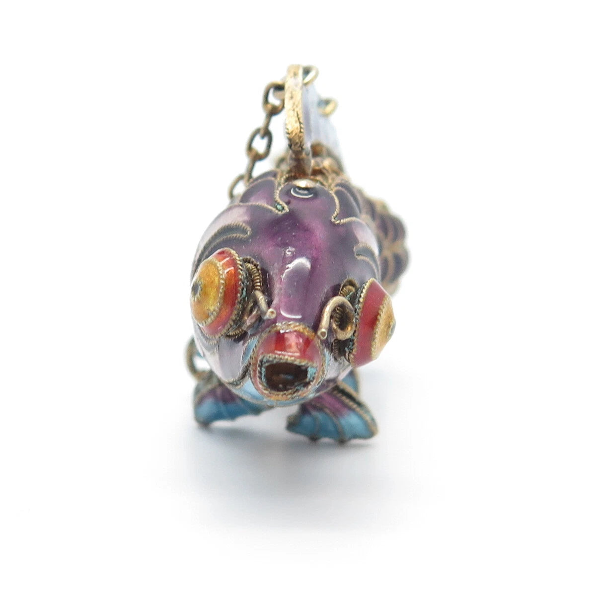 925 Sterling Silver Enamel Antique Chinese Koi Fish Chatelaine Fob