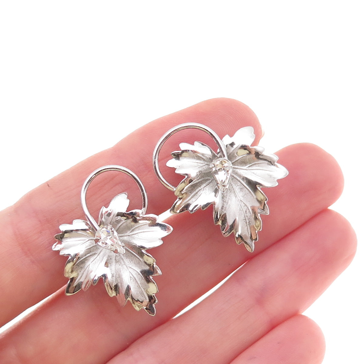 Carl Art Sterling Silver Antique Art Deco Rhinestone Floral Screw Back Earrings