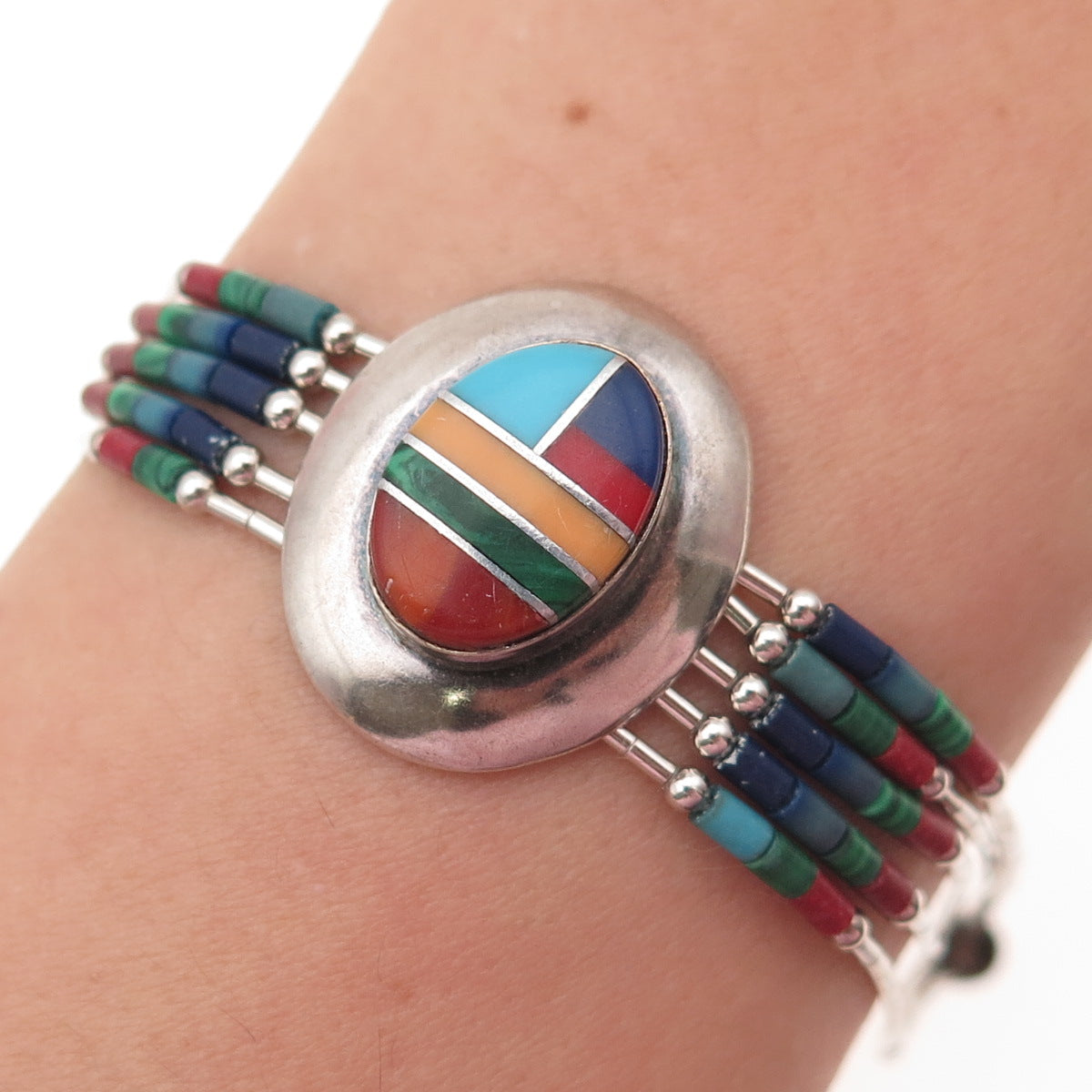 Thomas Singer Old Pawn Sterling Silver Vintage Multi-Gem 5-Strand Bracelet 7.5"