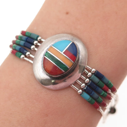 Thomas Singer Old Pawn Sterling Silver Vintage Multi-Gem 5-Strand Bracelet 7.5"