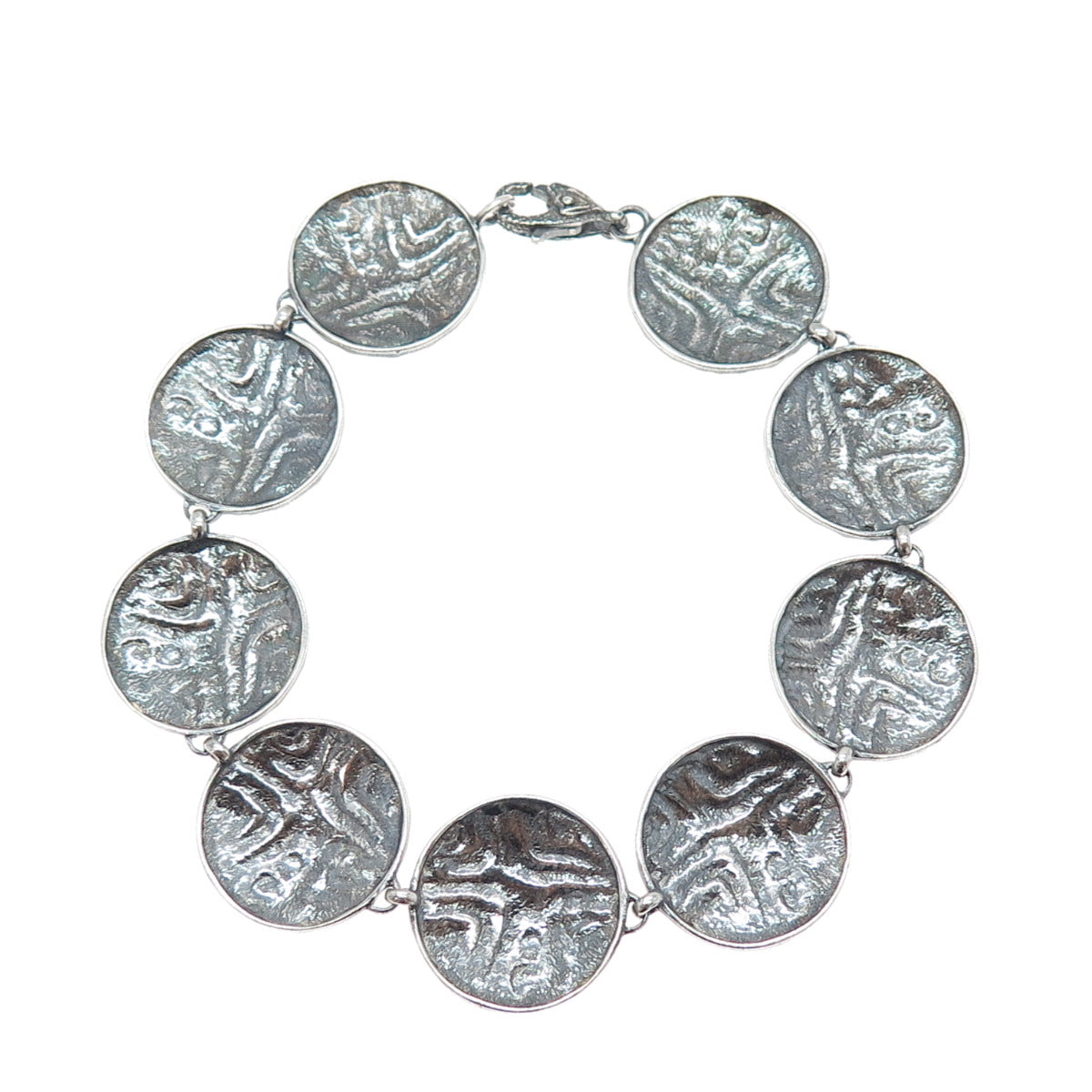925 Sterling Silver Vintage Modernist Disc Link Oxidized Bracelet 8.25"