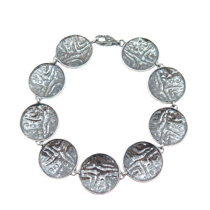 925 Sterling Silver Vintage Modernist Disc Link Oxidized Bracelet 8.25"