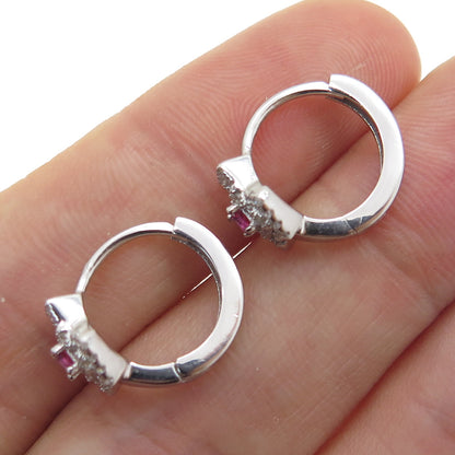 925 Sterling Silver Pink Princess-Cut & White Round-Cut Shaped C Z Hoop Earrings