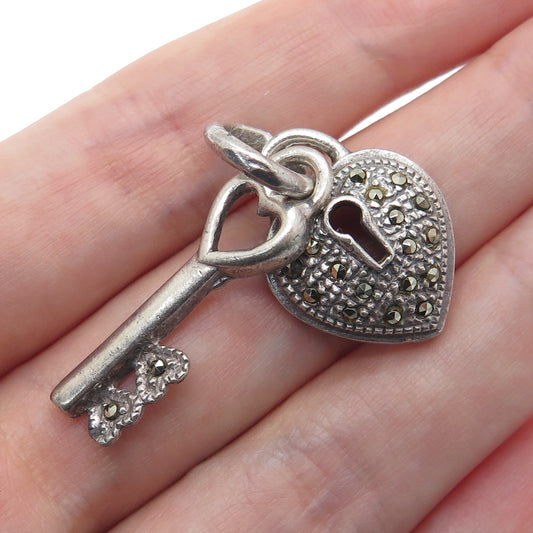 CHARLES WINSTON 925 Sterling Silver Vintage Real Marcasite Key & Heart Pendant
