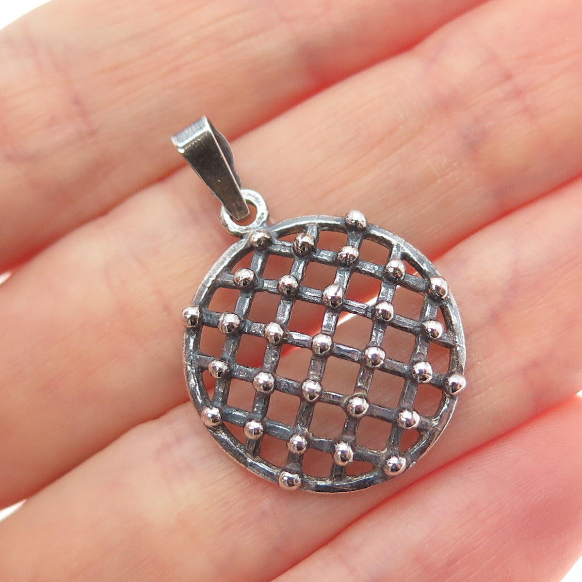 925 Sterling Silver Vintage European Beaded Cage Oxidized Charm Pendant