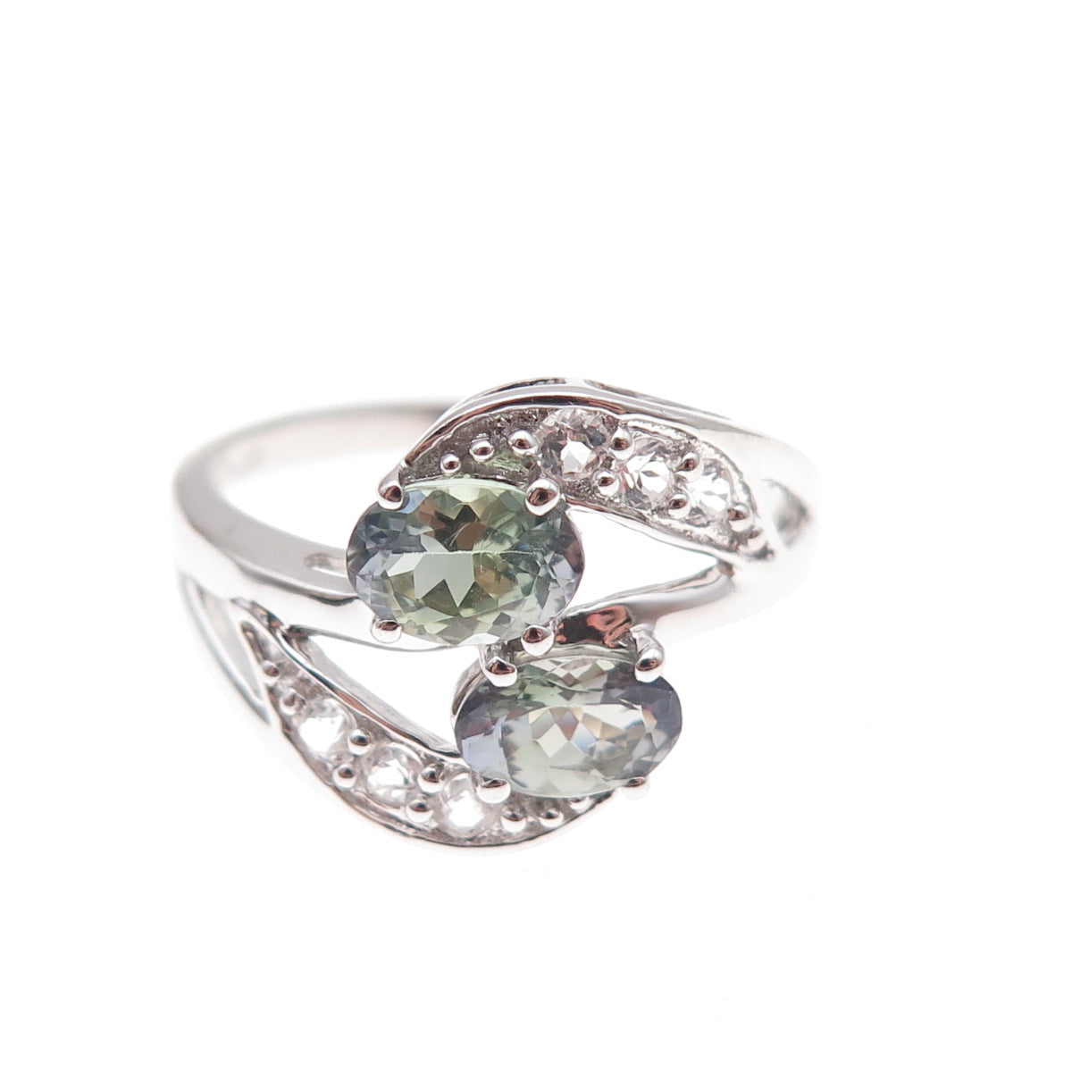 925 Sterling Silver Real Iolite & White Topaz Bypass Ring Size 8