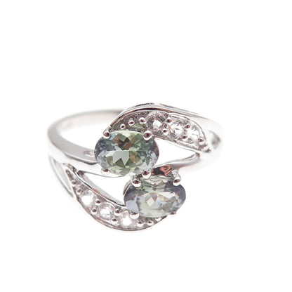 925 Sterling Silver Real Iolite & White Topaz Bypass Ring Size 8
