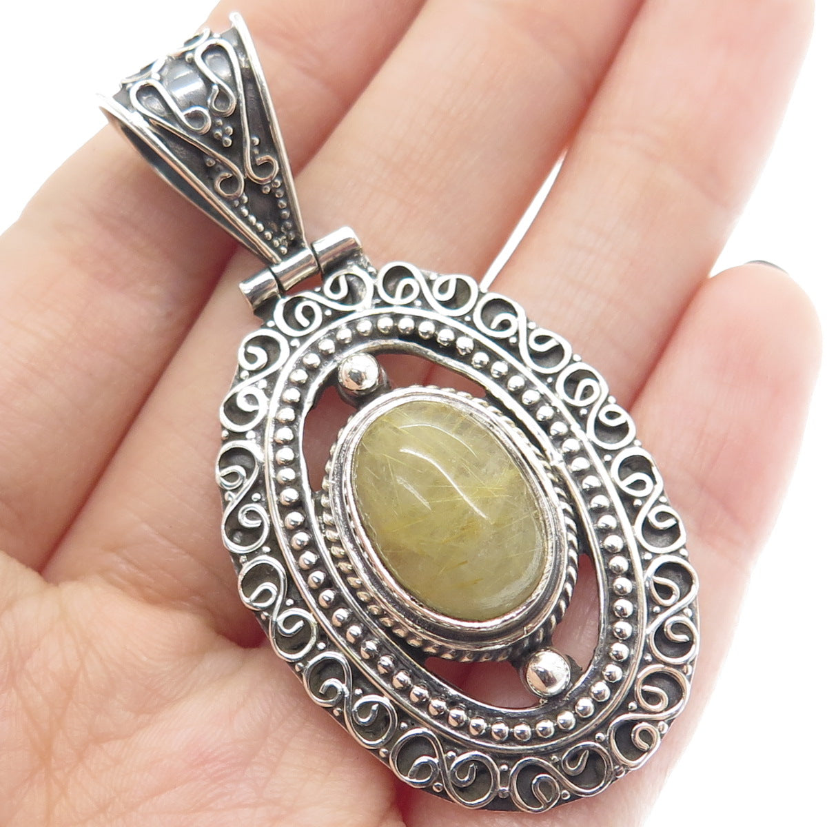 925 Sterling Silver Vintage Real Rutilated Quartz Boho Ornate Pendant