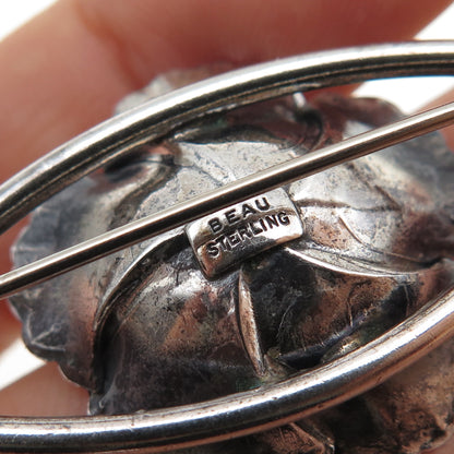 BEAU 925 Sterling Silver Antique Art Deco Flower Blossom Oxidized Pin Brooch