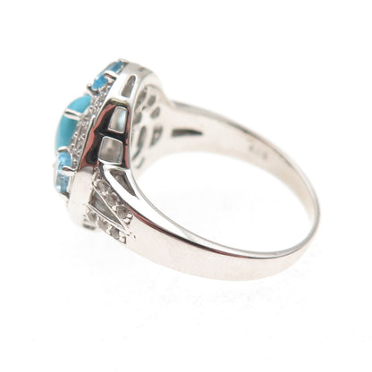 925 Sterling Silver Real Sleeping Beauty Turquoise Blue White Topaz Ring Size 8