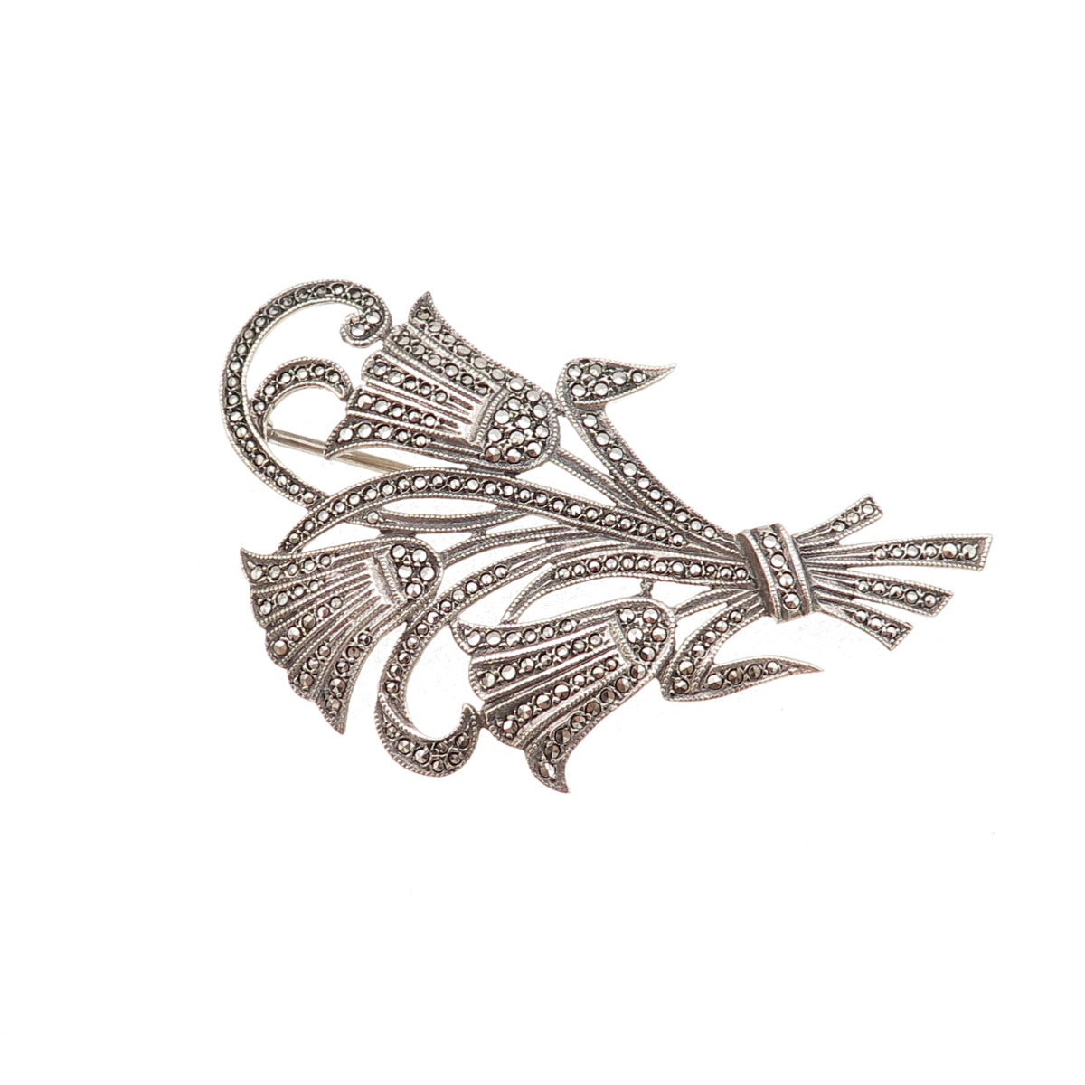 925 Sterling Silver Antique Art Deco Real Marcasite Floral Oxidized Pin Brooch