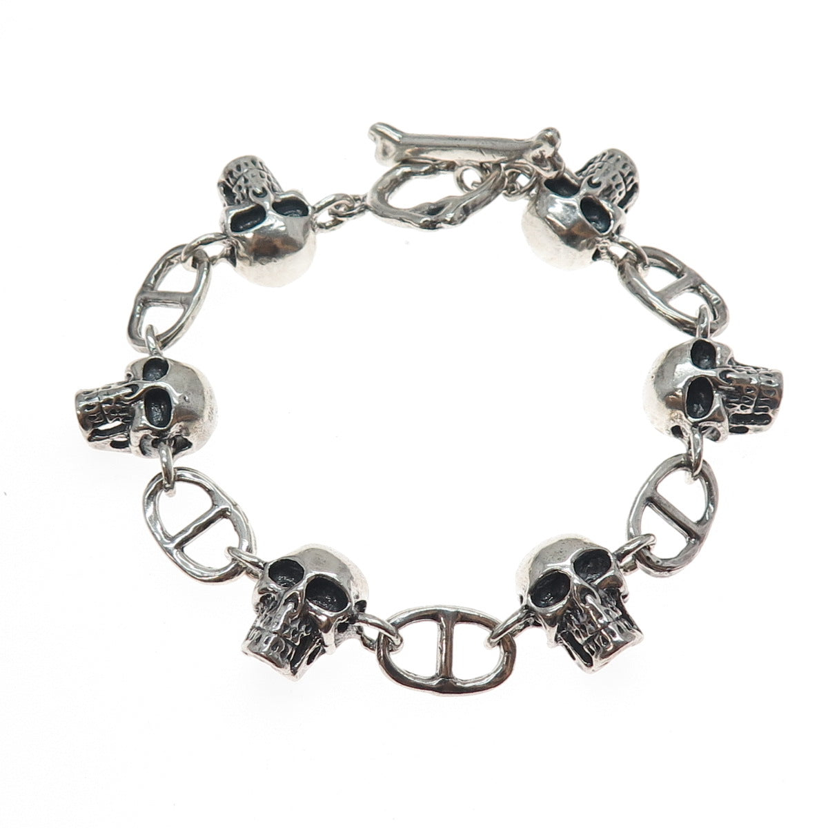 925 Sterling Silver Vintage Skull & Anchor Link Heavy 64.8g Bracelet 7.5"